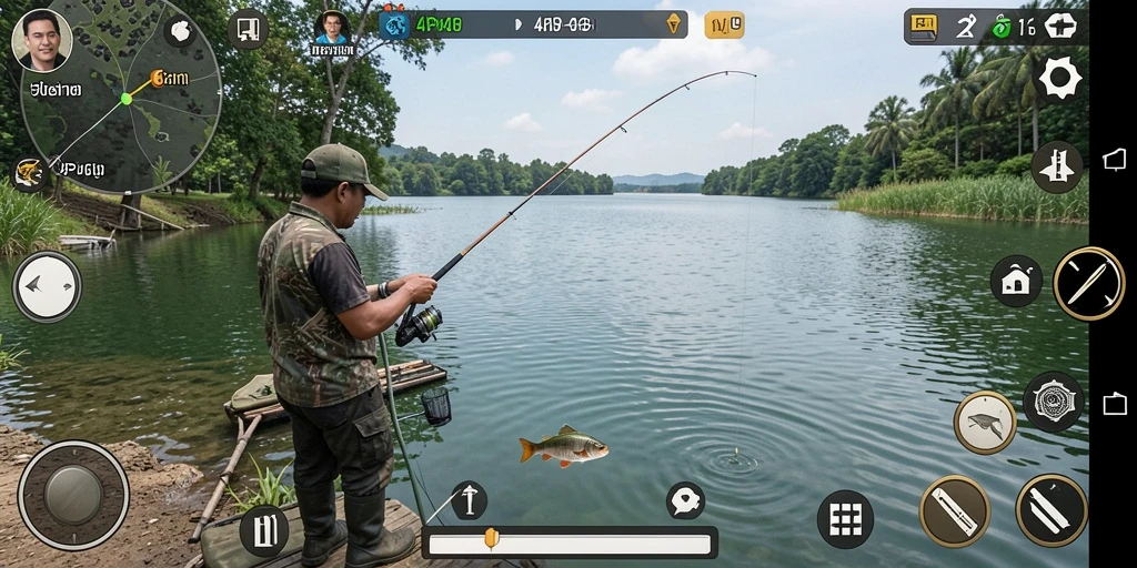 Tampilan gameplay 4P4P yang realistis saat memancing.