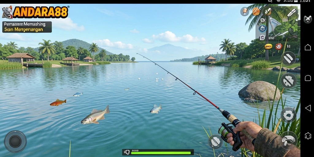 Tampilan gameplay ANDARA88 dengan suasana memancing yang menenangkan.