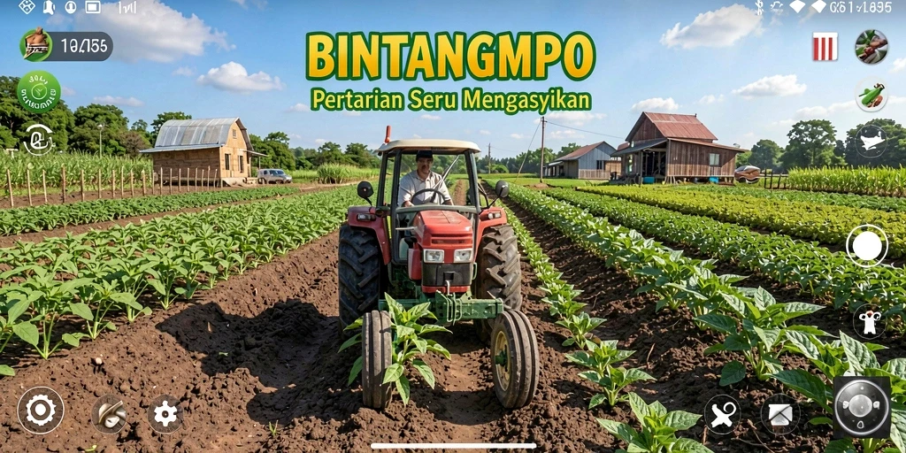 Screenshot BINTANGMPO menampilkan aktivitas bertani yang seru.