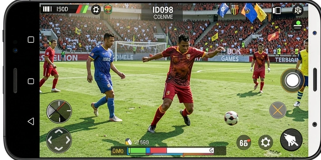 Screenshot utama menampilkan aksi seru di lapangan sepak bola.