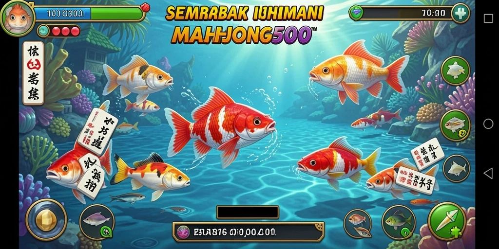Screenshot gameplay MAHJONG500 dengan aksi menembak ikan yang seru.
