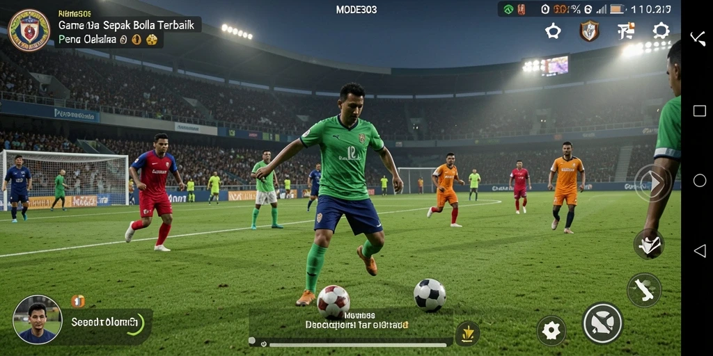 Tangkapan layar gameplay MODE303 dengan aksi sepak bola yang mendebarkan.
