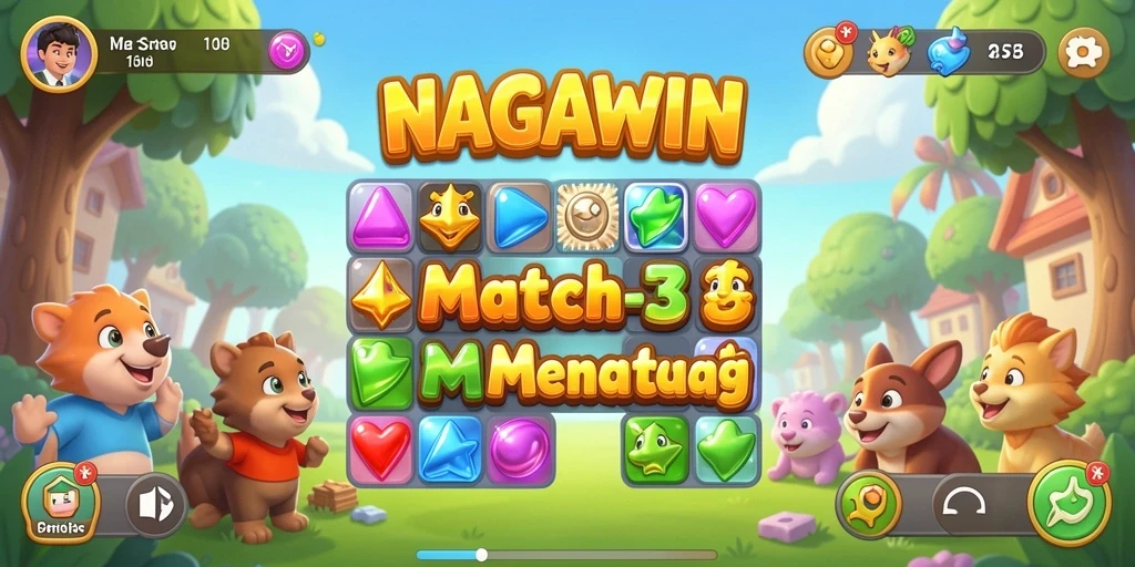 Screenshot NAGAWIN menunjukkan gameplay seru mencocokkan batu permata.