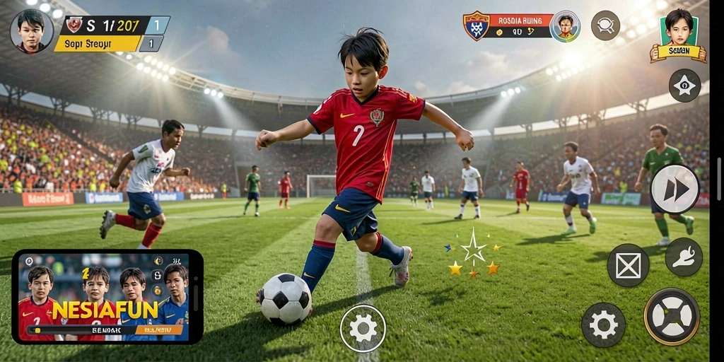 Tampilan gameplay seru dalam permainan sepak bola NESIAFUN.