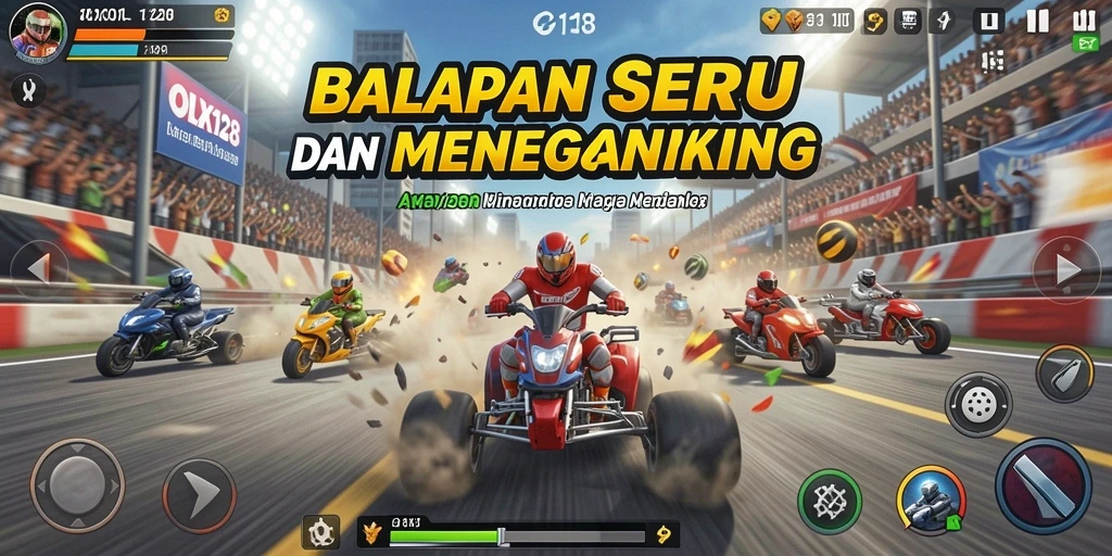 Screenshot OLX128 menampilkan aksi balapan yang mendebarkan di lintasan yang menantang.